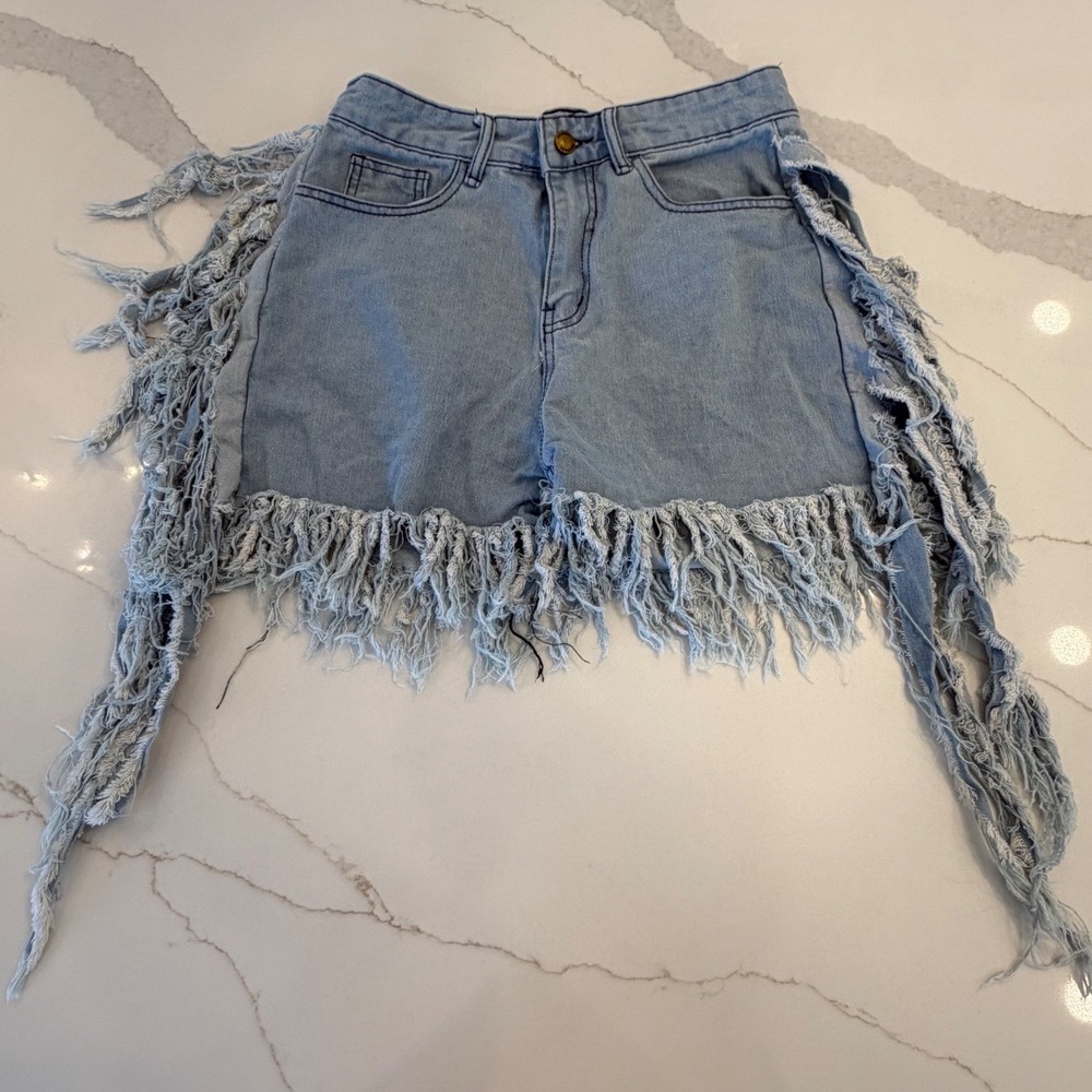 Falmer Heritage Light Wash High Waisted Fringe Denim Shorts Blue Womens Size M